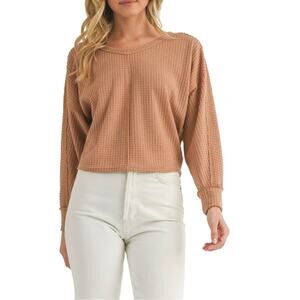 Lush Favorite Long Sleeve Waffle Knit Crop Sweater Camel Size Medium NWT‎